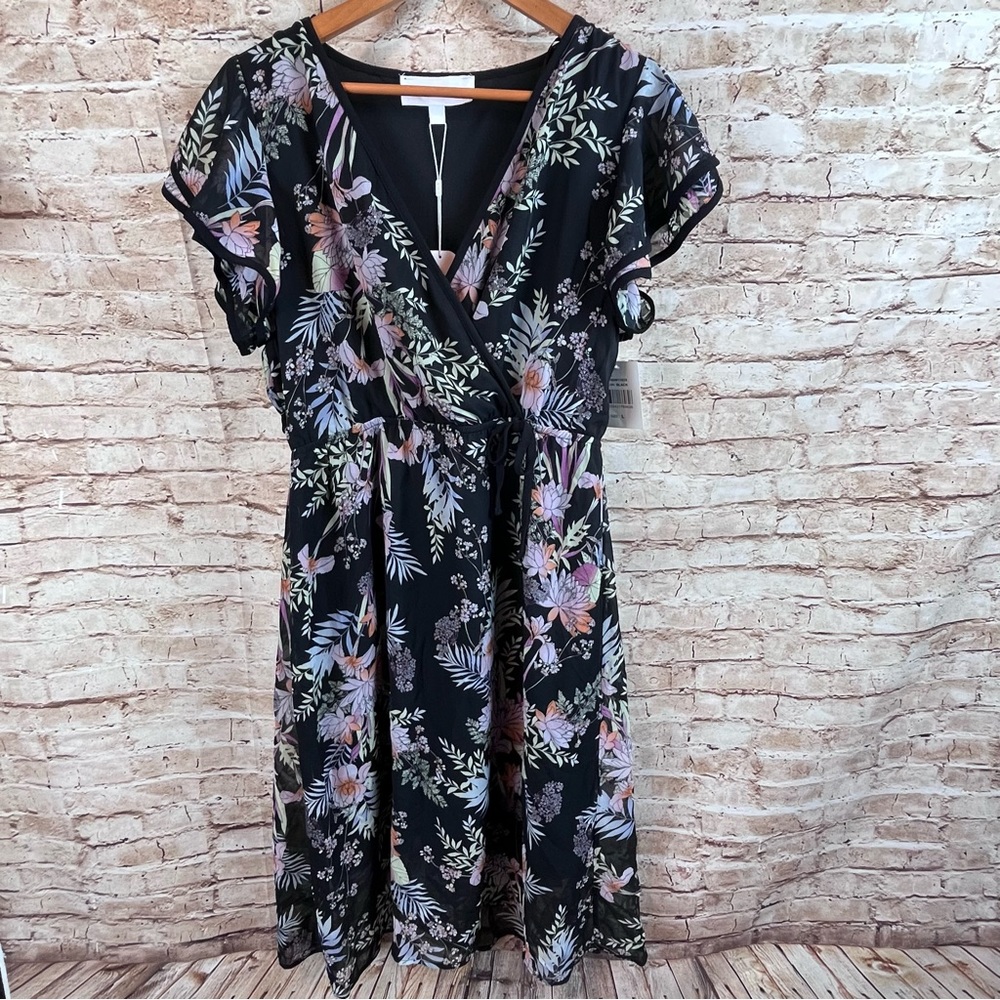 New Superfoxx Black Floral Flutter Sleeve Dress Large